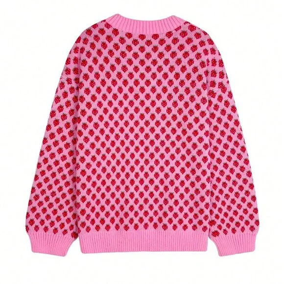 Multicolor Casual Women's Oversized Strawberry Crew Neck Sweater - Picture 5 of 7